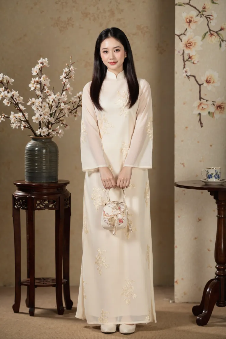 Áo dài cưới màu vàng kem