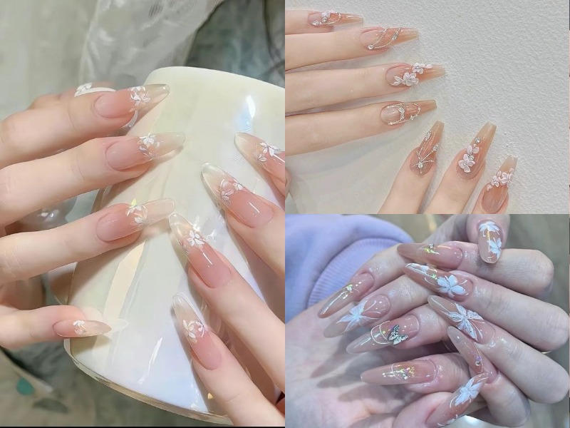 Mẫu nail đẹp cho cô dâu chụp ảnh cưới vẽ hoa tinh xảo
